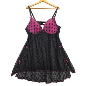 Black Pink Polka Dot Sheer Mesh Babydoll Underwire Chemise Plus Size 4X